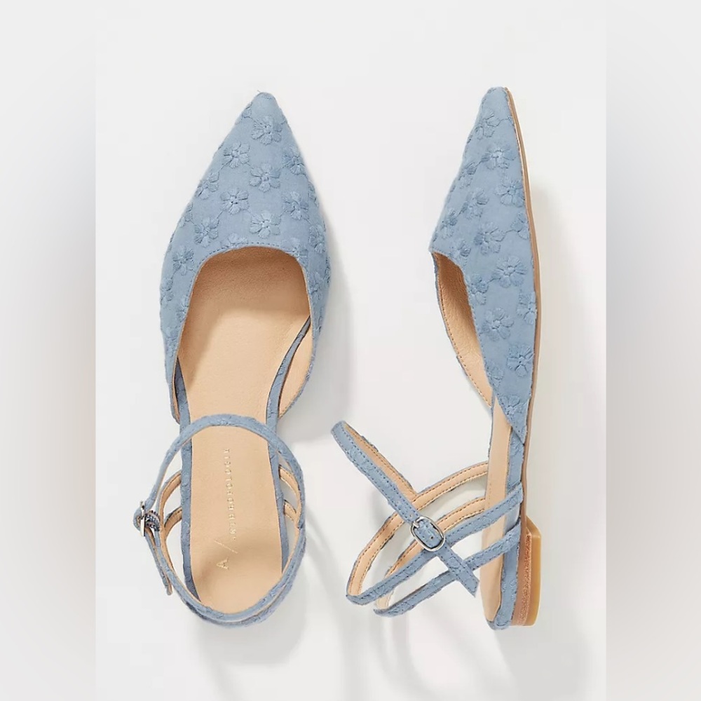 Anthropologie Rosalie Slingback Flats Blue Floral Embroidered